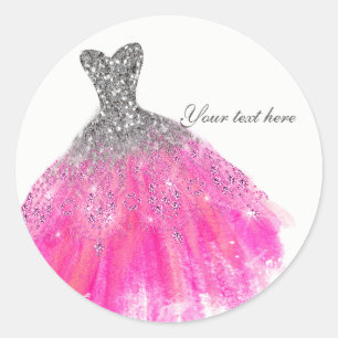 Pegatina Redonda Purpurina rosa y plateado Vestido de Vestido de Gl