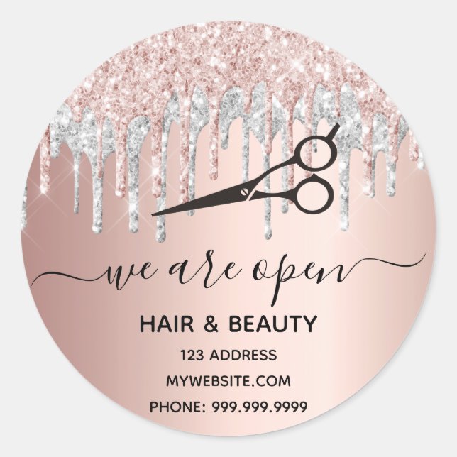 Pegatina Redonda Purpurina rosado de reapertura salón de belleza ro (Anverso)