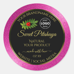 Pegatina Redonda Purpurina rosado Etiquetas de producto negras Logo