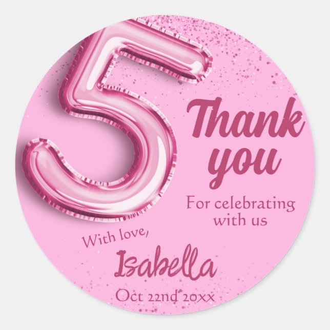 Pegatina Redonda Purpurina rosado lindo globo no.5 niñita 5 cumplea (Anverso)