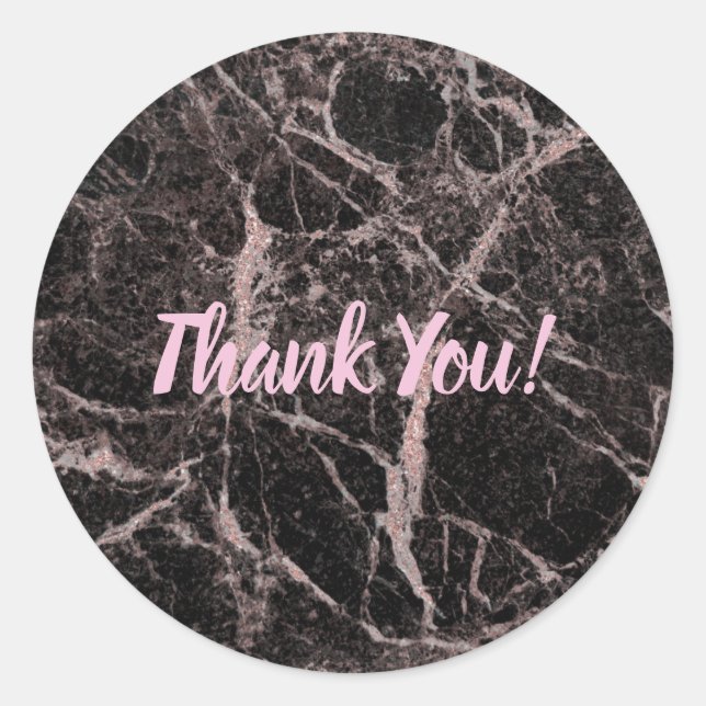 Pegatina Redonda Purpurina rosado negro y Rosa Marble Glam trendy (Anverso)