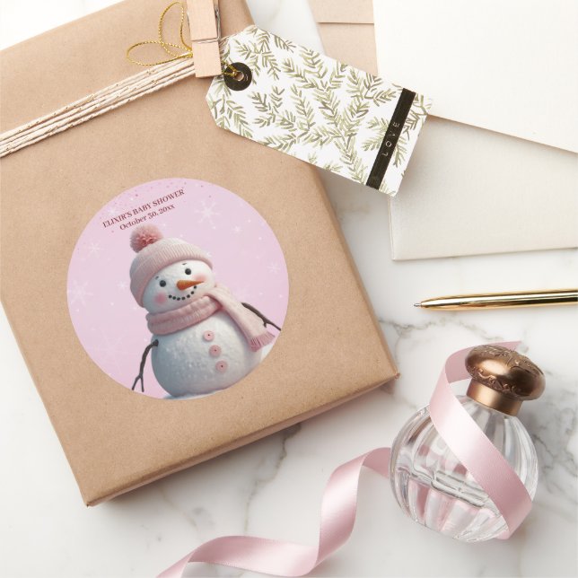 Pegatina Redonda Purpurina rosado Winter Snowman Baby Shower (Regalar)