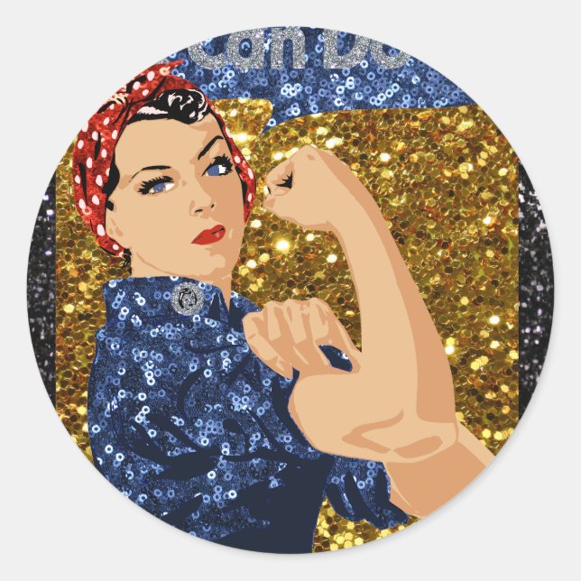 Pegatina Redonda purpurina rosie the riveter (Anverso)
