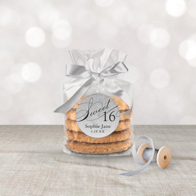 Pegatina Redonda Purpurina Silver Glam Sweet 16 Personalizado (Subido por el creador)