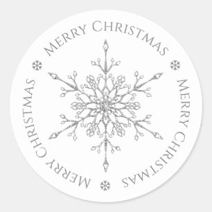Pegatina Redonda Purpurina Silver Snowflake Feliz Navidad