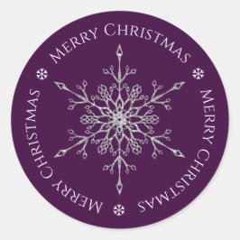 Pegatina Redonda Purpurina Silver Snowflake Feliz Navidad Purple