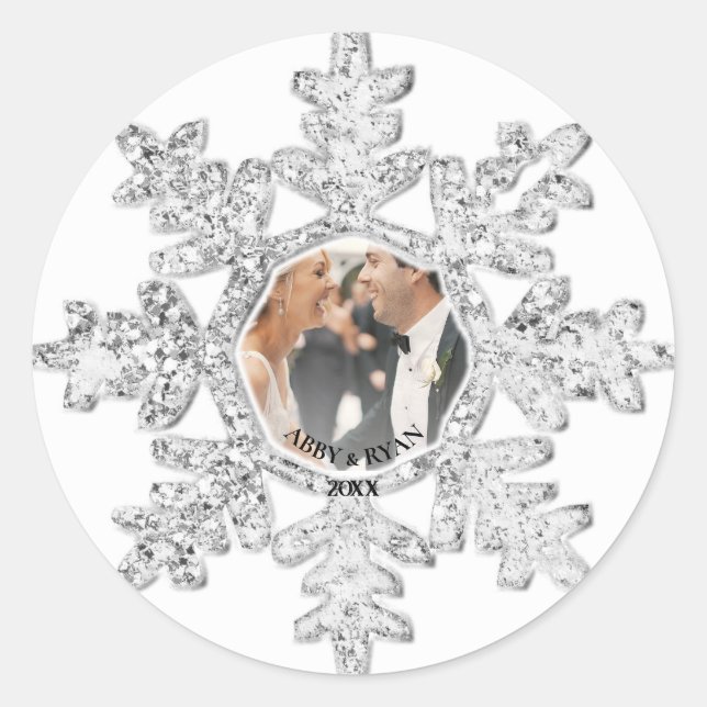 Pegatina Redonda Purpurina Silver Snowflake Photo Frame Personaliza (Anverso)