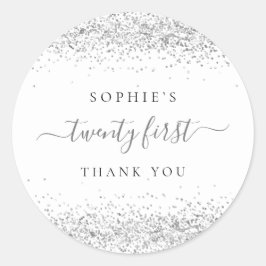 Pegatina Redonda Purpurina Silver Veintiún cumpleaños Gracias