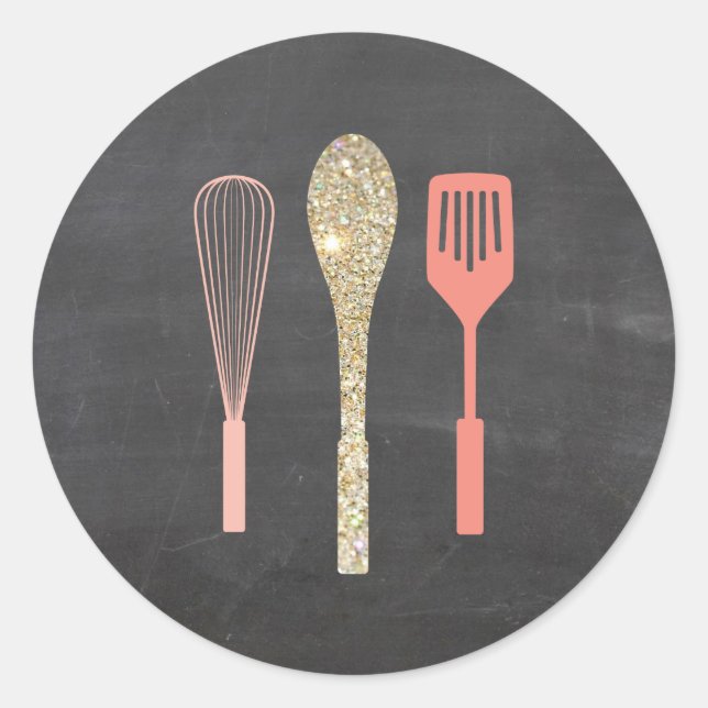 Pegatina Redonda Purpurina Spoon Whisk Spatula en Chalkboard (Anverso)
