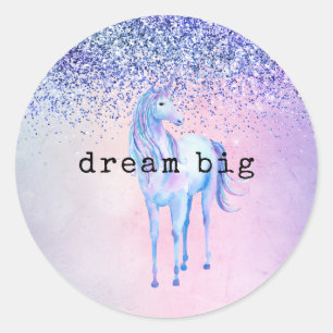 Pegatina Redonda Purpurina Unicornio Púrpura Azul Rosa
