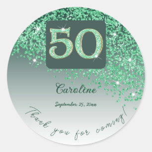 Pegatina Redonda Purpurina Verde en caída, 50 cumpleaños gracias