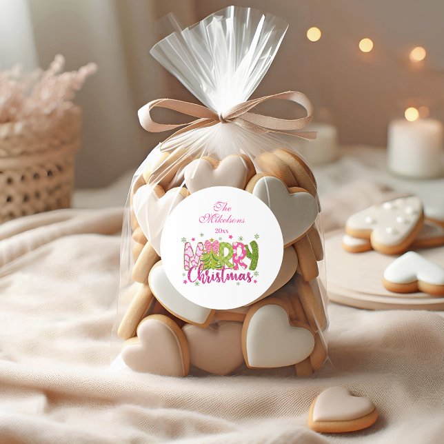 Pegatina Redonda Purpurina verde rosa Feliz Navidad (Subido por el creador)