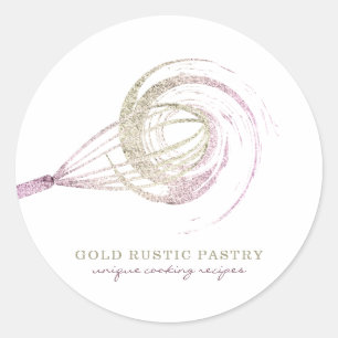 Pegatina Redonda Purpurina Whisk Sparkle Bakery Chef Rosa Gold