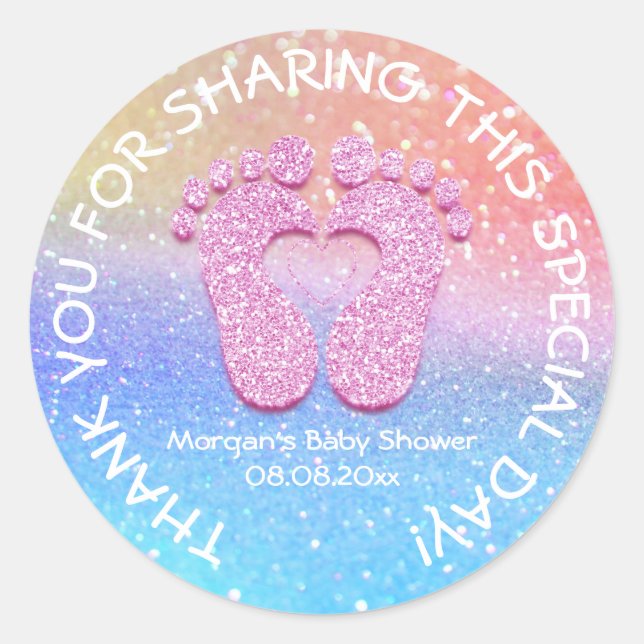 Pegatina Redonda Purpurinas rosados Baby Shower Rainbow Gracias (Anverso)