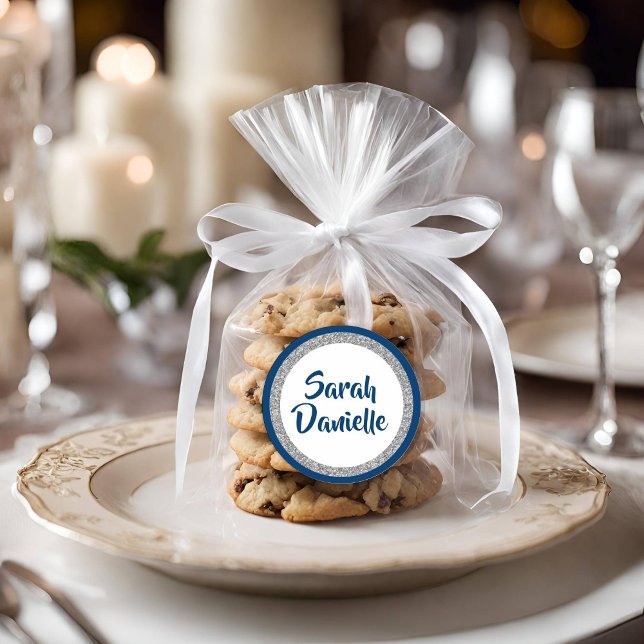 Pegatina Redonda Purpurinoso Bat Mitzvah Navy Favor Azul y Plata (Subido por el creador)