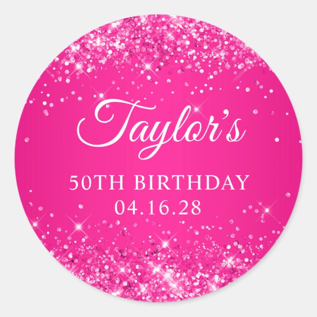 Pegatina Redonda Purpurinoso Hot Pink 50 cumpleaños (Anverso)