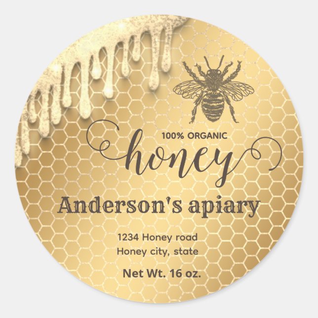 Pegatina Redonda Purpurinoso moderno gotea miel de abeja miel tarro (Anverso)