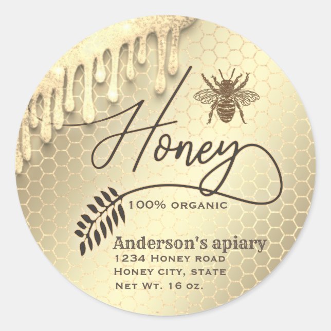 Pegatina Redonda Purpurinoso moderno gotea miel de abeja miel tarro (Anverso)