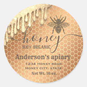Pegatina Redonda Purpurinoso moderno gotea miel de abeja miel tarro