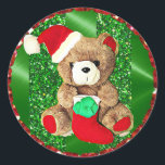 Pegatina Redonda Purpurinoso Teddy Bear Sticker Christmas<br><div class="desc">Oso Purpurinoso de Teddy con el Gorra de Santa Claus y sticker navideño</div>