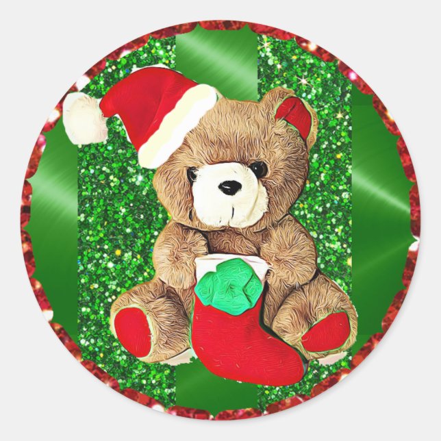 Pegatina Redonda Purpurinoso Teddy Bear Sticker Christmas (Anverso)