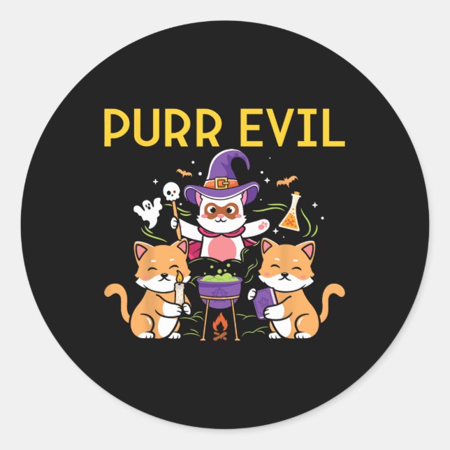 Pegatina Redonda Purr Evil Halloween Cats Witch Fun espeluznante ga (Anverso)