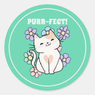 Pegatina Redonda ¡PURR-FECT! Gato sonriente con flores