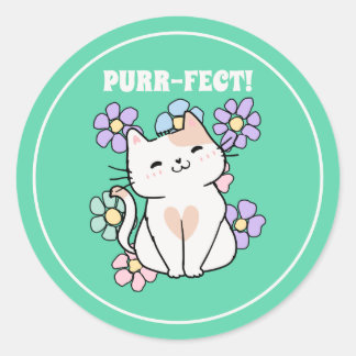 Pegatina Redonda ¡PURR-FECT! Gato sonriente con flores