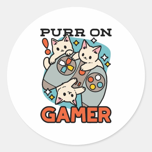 Pegatina Redonda Purr on Gamer - Diseño de juegos para gatos (Anverso)