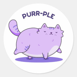 Pegatina Redonda Purr-ple Funny Fat Kitty Cat Pun