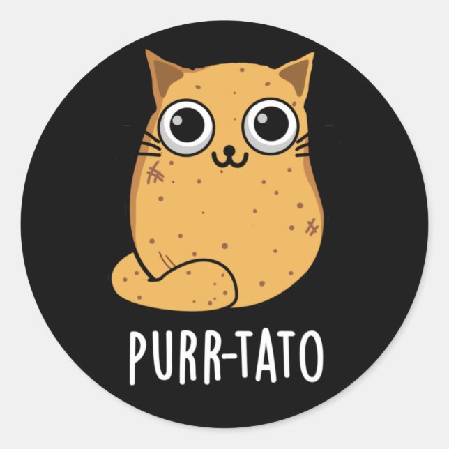 Pegatina Redonda Purr-tato Funny Cat Potato Pun Dark BG (Anverso)