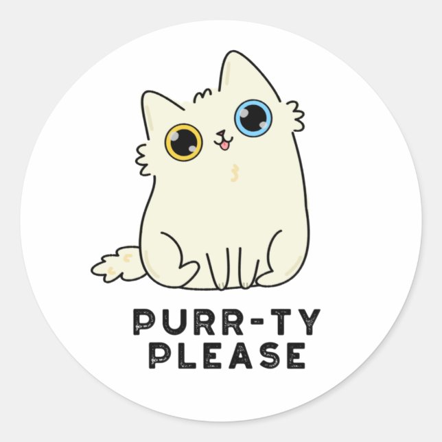 Pegatina Redonda Purr-ty Please Funny Kitty Cat Pun (Anverso)