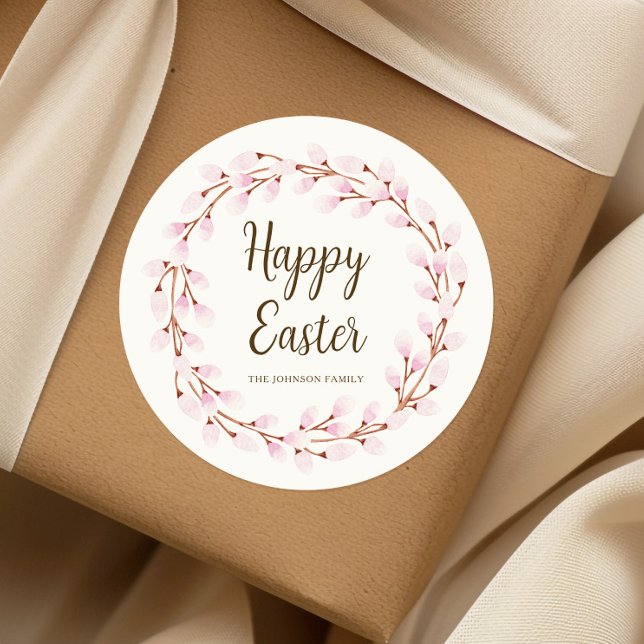 Pegatina Redonda Pussy Willow Feliz Pascua (Cute Pink Pussy Willow Happy Easter Classic Round Sticker)