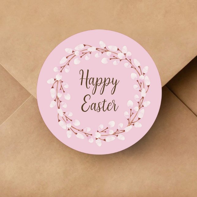 Pegatina Redonda Pussy Willow Feliz Pascua (Cute Pink Pussy Willow Happy Easter Classic Round Sticker)