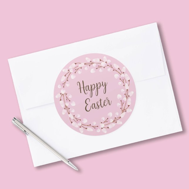 Pegatina Redonda Pussy Willow Feliz Pascua (Cute Pink Pussy Willow Happy Easter Classic Round Sticker)