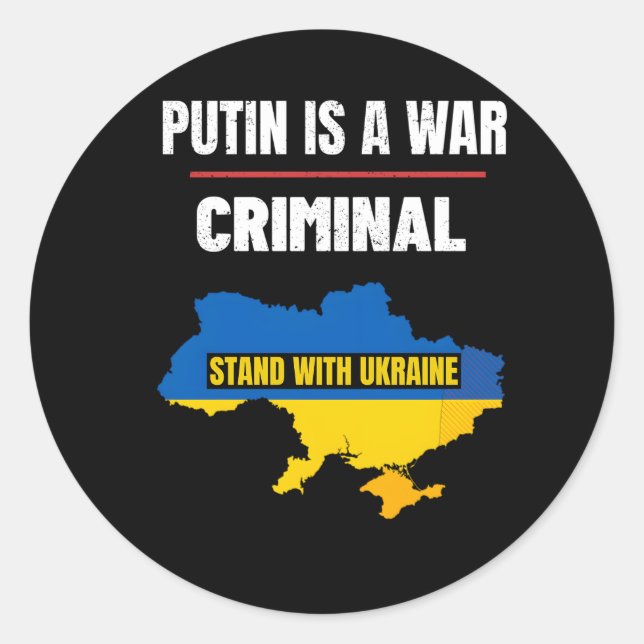 Pegatina Redonda Putin es un criminal de guerra con apoyo de Ucrani (Anverso)