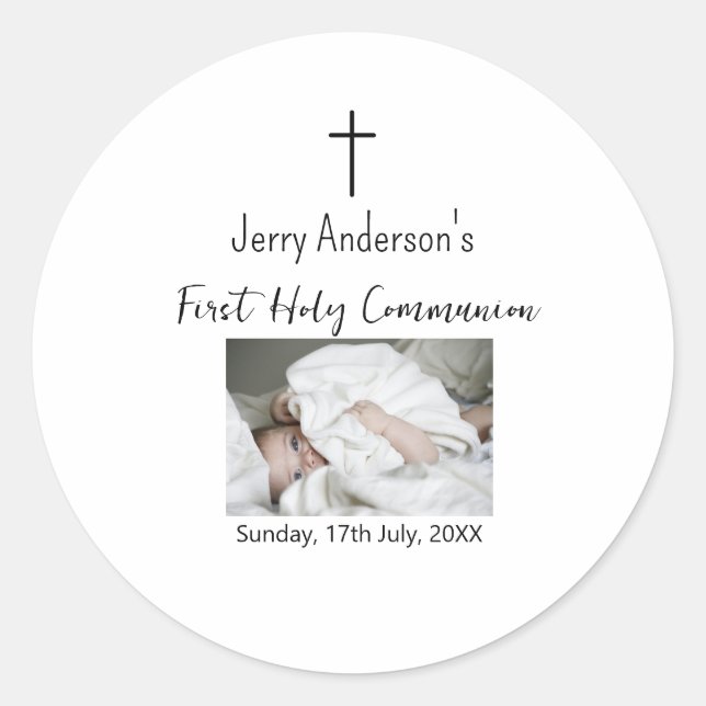 Pegatina Redonda QR mínimo de la primera comunión santa católica (Anverso)