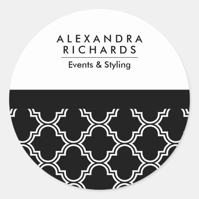 Pegatina Redonda Quatrefoil blanco y negro (Anverso)