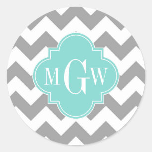 Pegatina Redonda Quatrefoil de Chevron Aqua Gris 3 Monograma