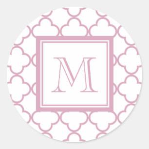 Pegatina Redonda Quatrefoil rosado y blanco el su monograma