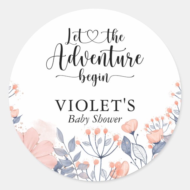 Pegatina Redonda Que Adventure Begin Pink Blue Violet Baby Shower (Anverso)
