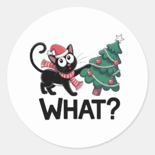Pegatina Redonda Qué árbol de Navidad de gato negro divertido vacac