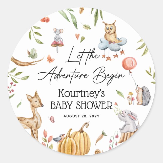 Pegatina Redonda Que empiece la aventura en Woodland Baby Shower (Anverso)