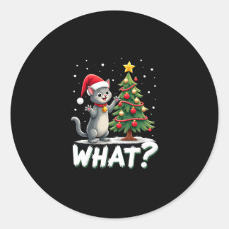 Pegatina Redonda Qué Gato Divertido Empujando Árbol De Navidad Sobr