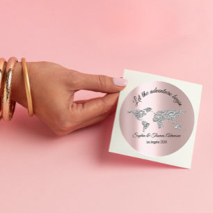 Pegatina Redonda Que la aventura comience el mundo Boda Rosa Gris