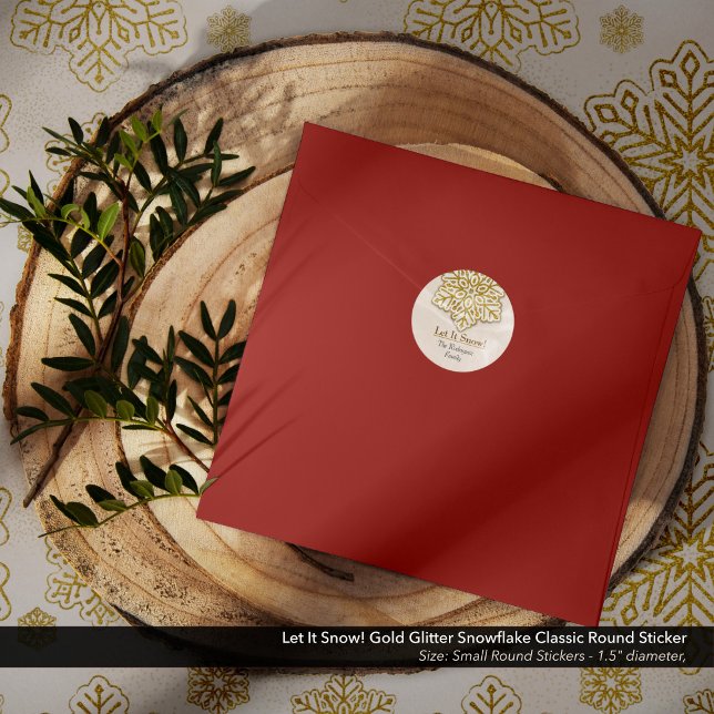 Pegatina Redonda ¡Que La Nieve! Purpurina de oro Snowflake (Let It Snow! Gold Glitter Snowflake Classic Round Sticker)