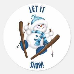 Pegatina Redonda ¡Que La Nieve! Snowman Skier
