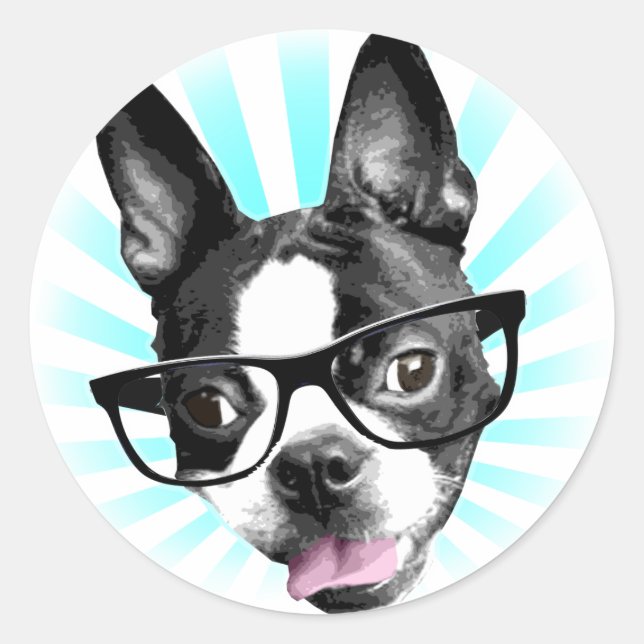 Pegatina Redonda ¡Qué lindo! Hipster Boston Terrier (Anverso)