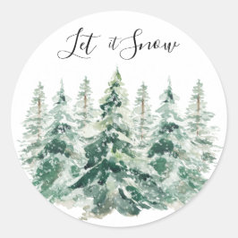 Pegatina Redonda Que Nieva Navidades de acuarela Pinos Árboles