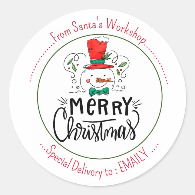 Pegatina Redonda Que nieve. Feliz rostro de Snowman (Anverso)